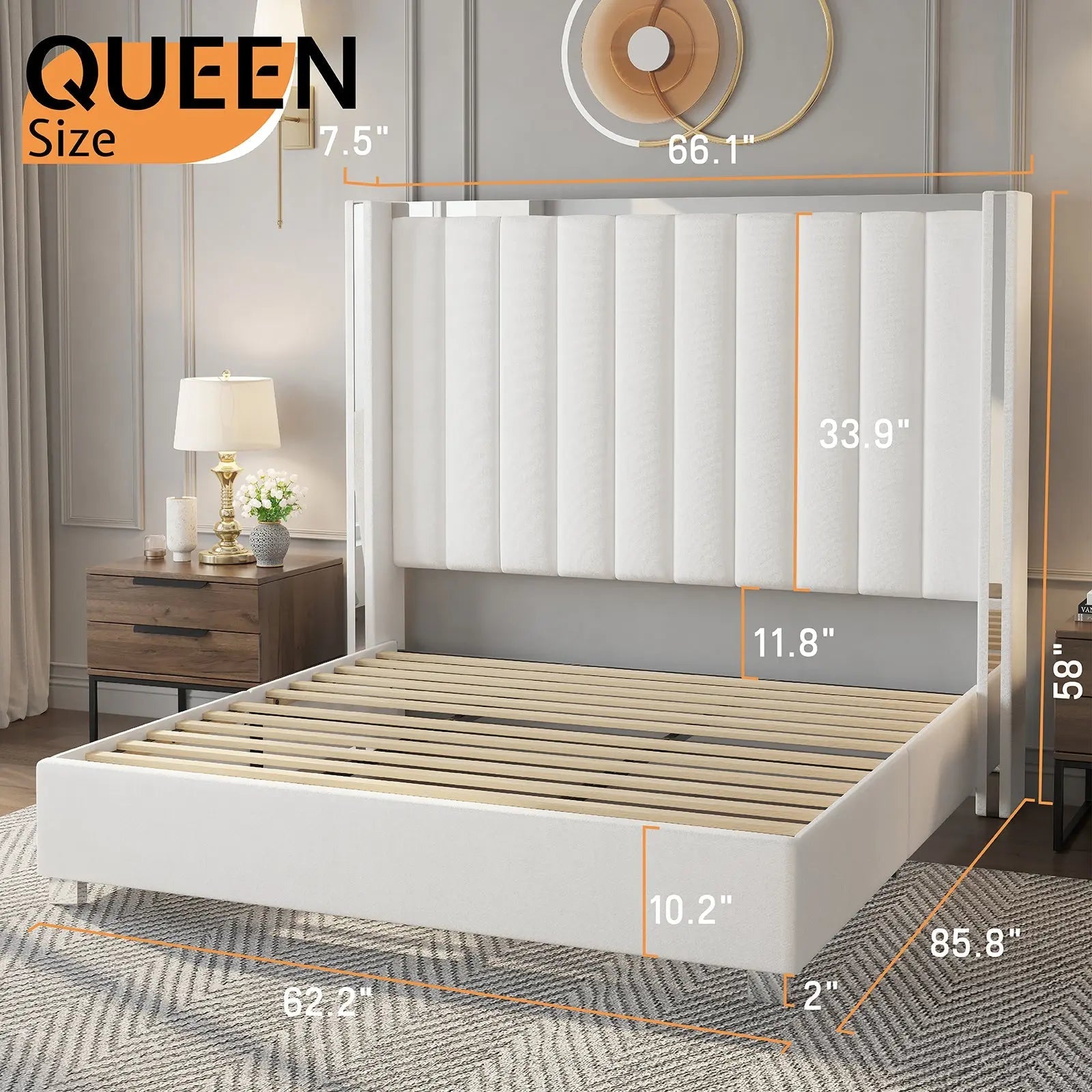 Queen size plush velvet-upholstered bed frame