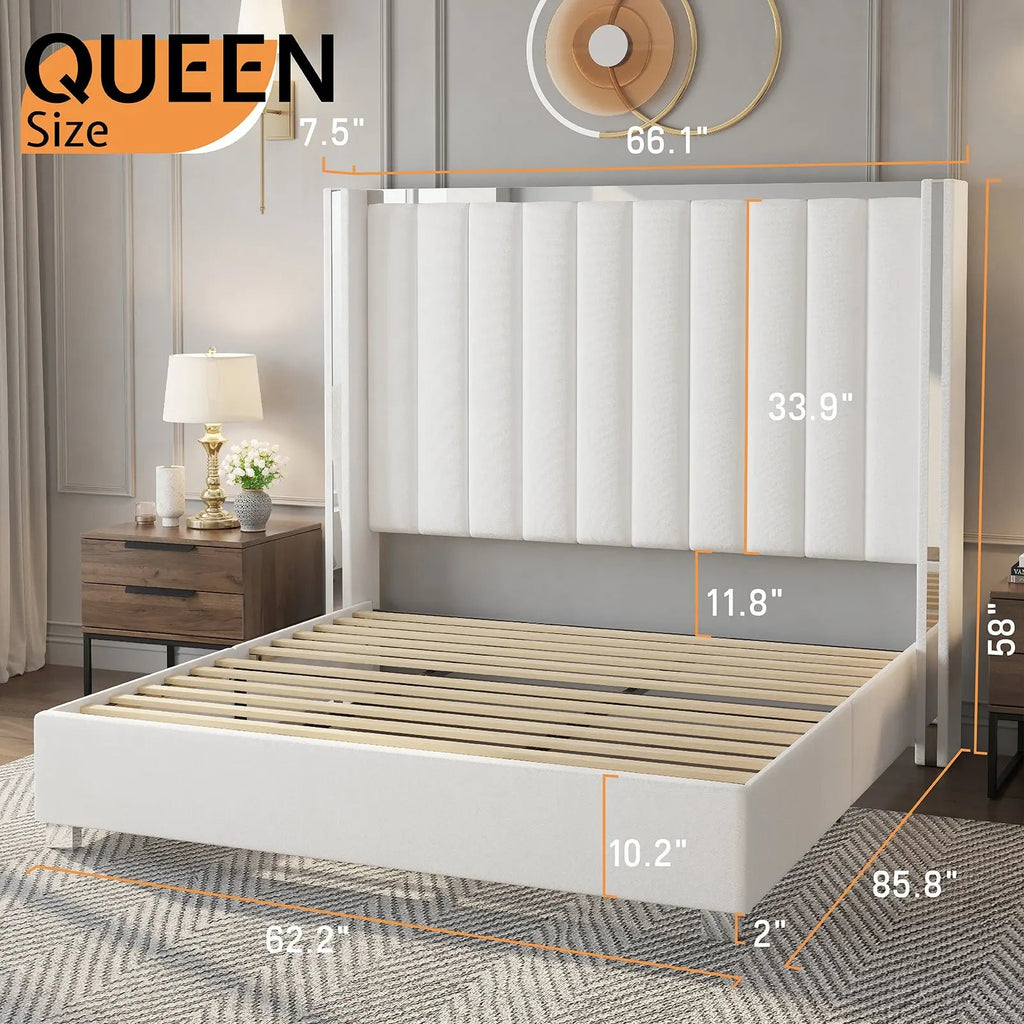 Queen size plush velvet-upholstered bed frame