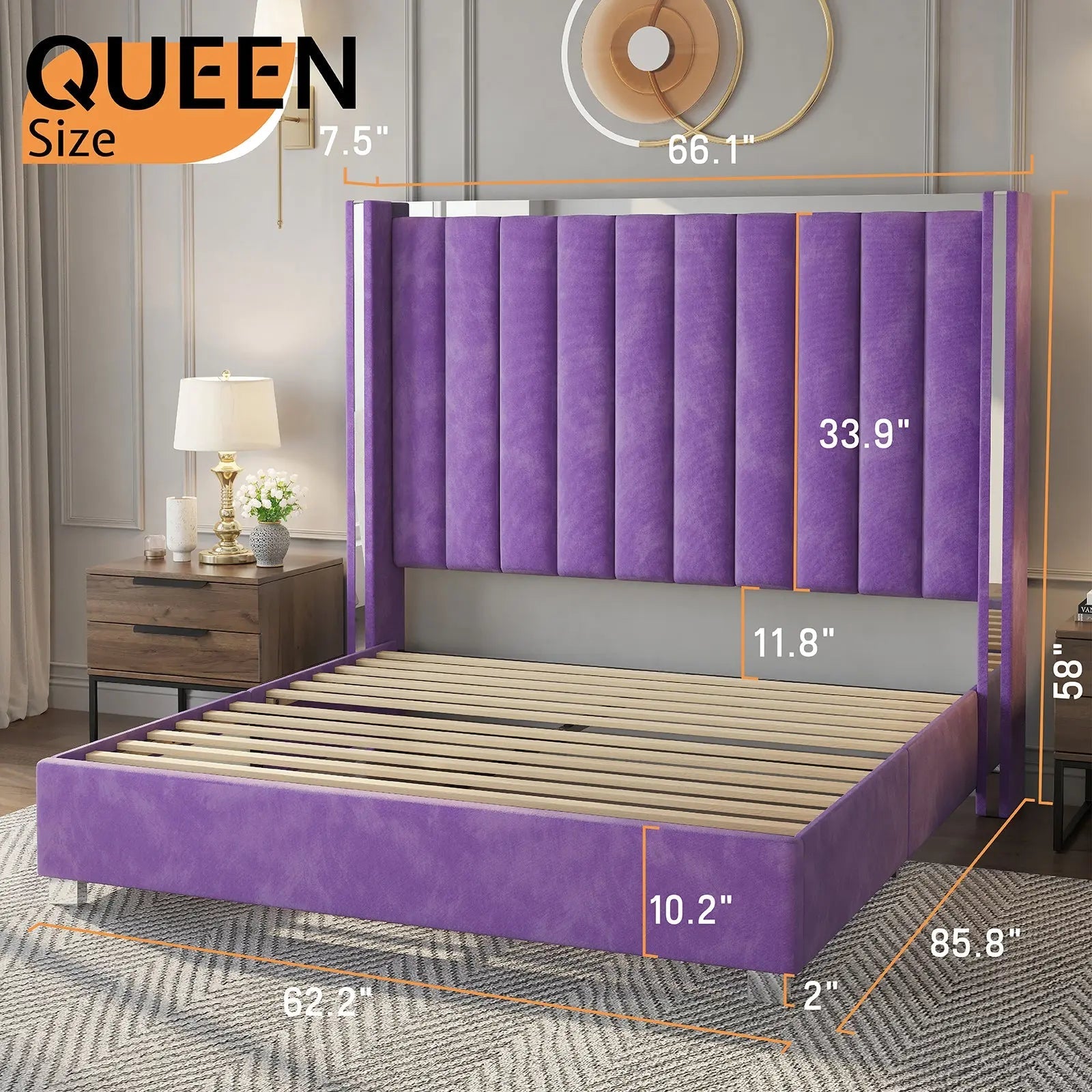 Queen size plush velvet-upholstered bed frame