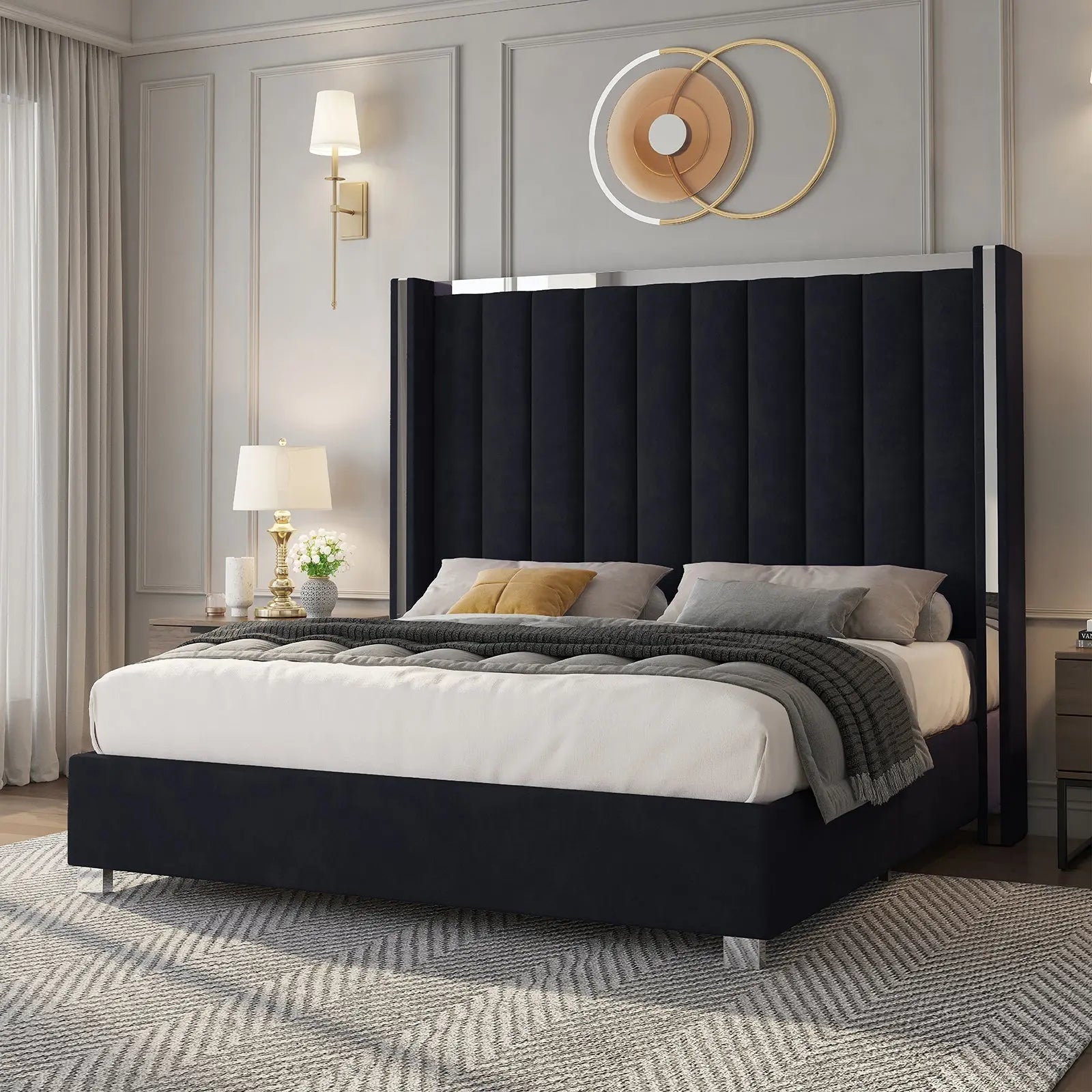 Queen size plush velvet-upholstered bed frame