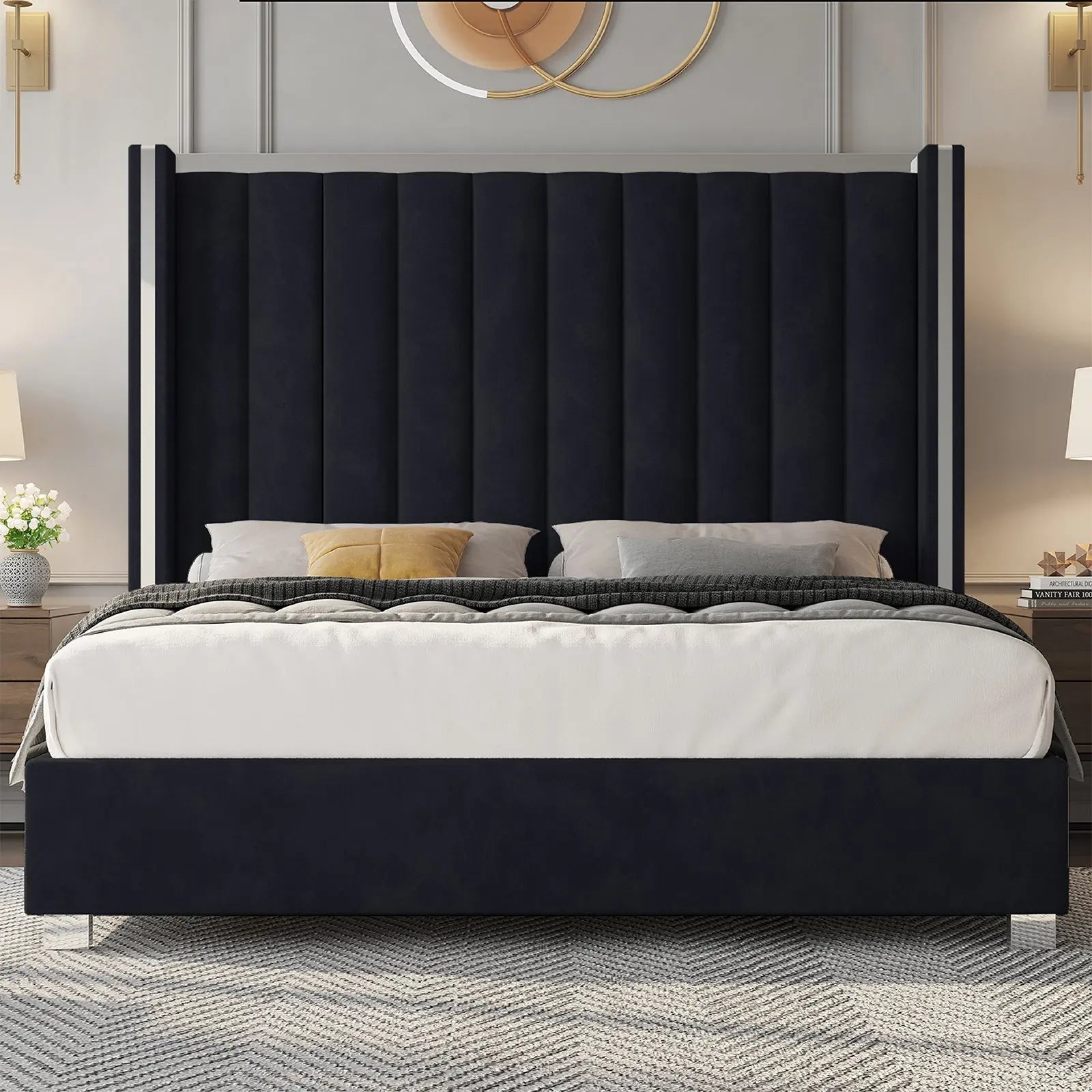 Queen size plush velvet-upholstered bed frame