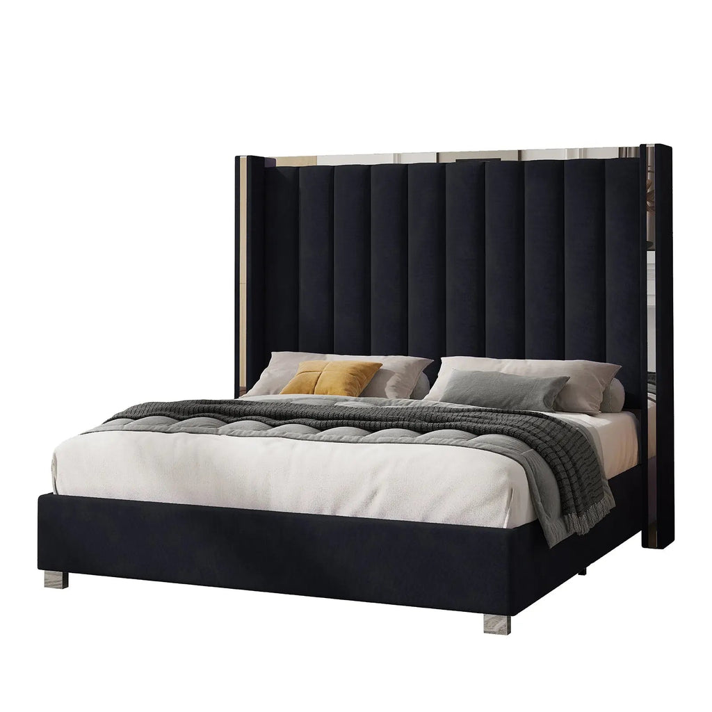 Queen size plush velvet-upholstered bed frame