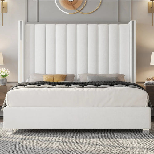 Queen size plush velvet-upholstered bed frame