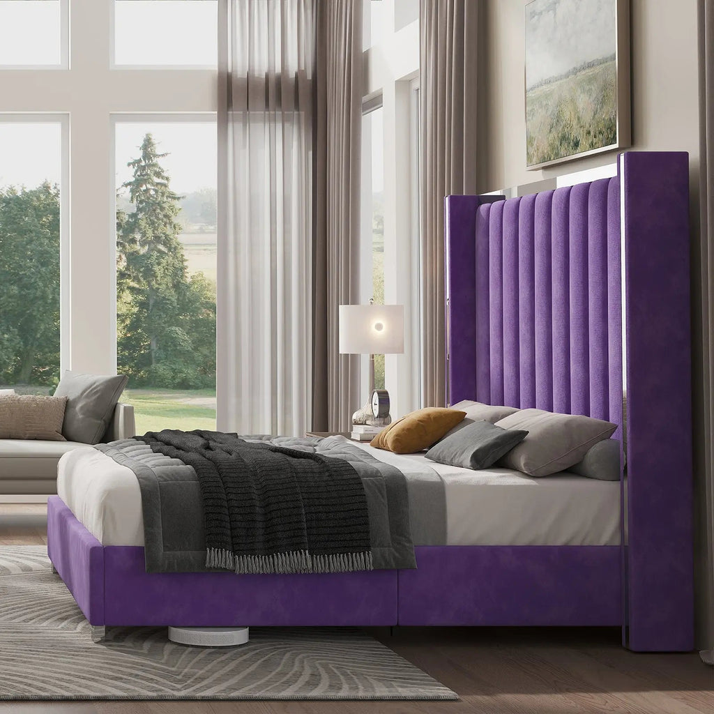 Queen size plush velvet-upholstered bed frame