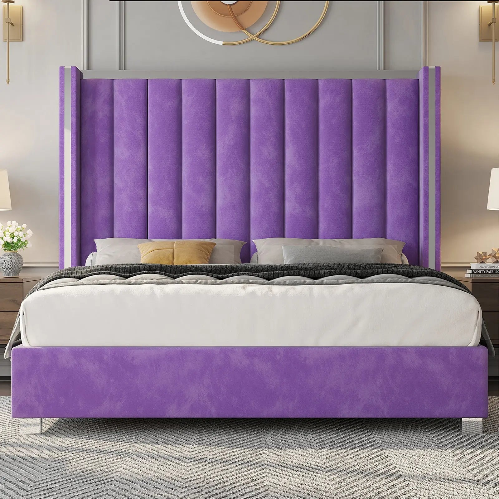 Queen size plush velvet-upholstered bed frame