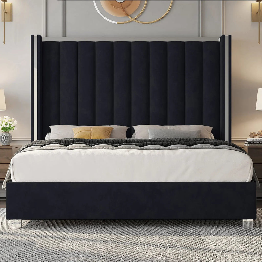 Queen size plush velvet-upholstered bed frame