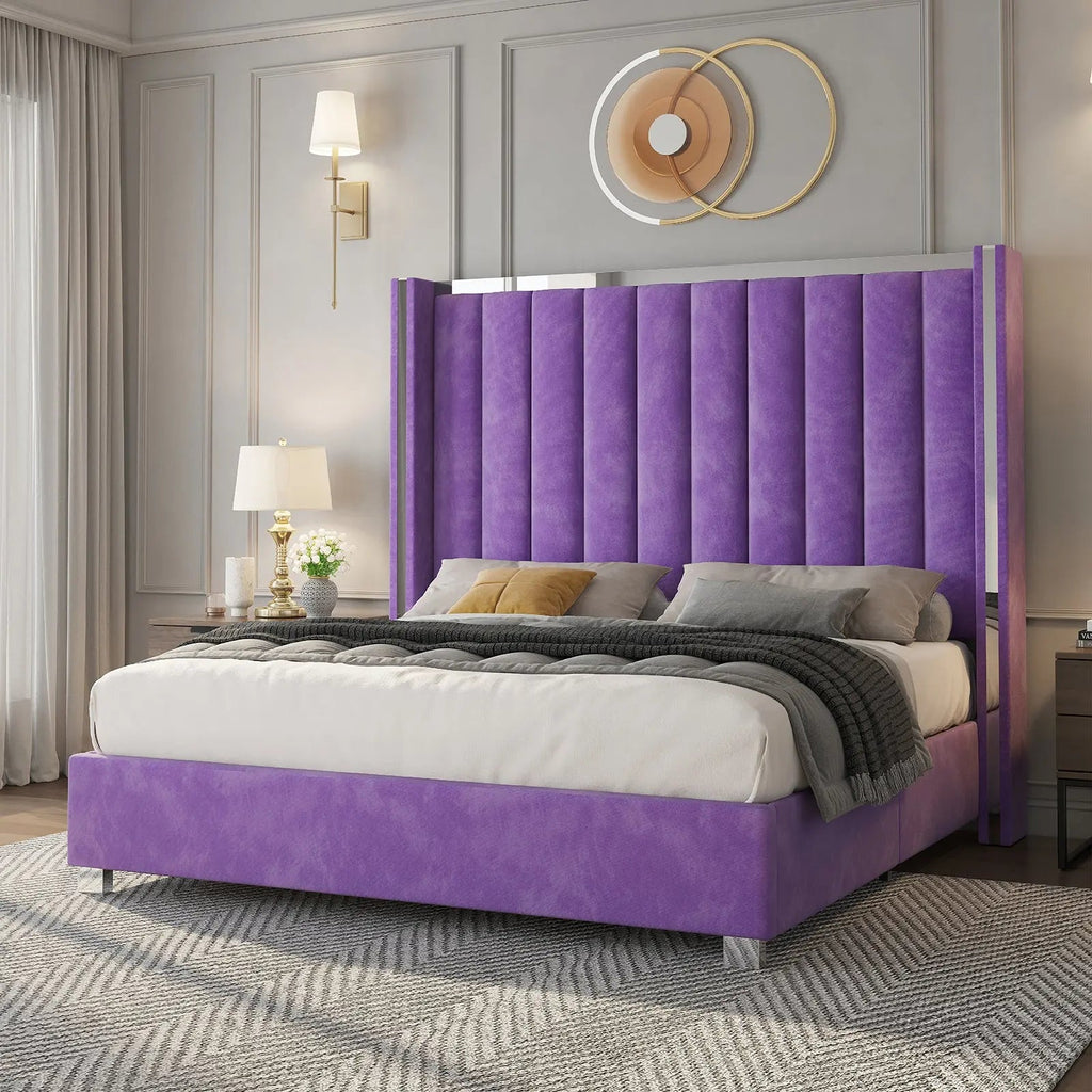 Queen size plush velvet-upholstered bed frame